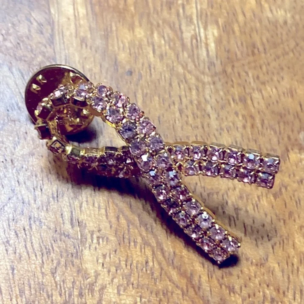 Vintage Ballou Pink Rhinestone Pink Ribbon Breast Cancer Lapel Pin Ladies Brooch